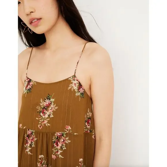 MADEWELL Cami Tier Midi Dress Metallic Classic Floral Olive Green Sz 8 {S53}
